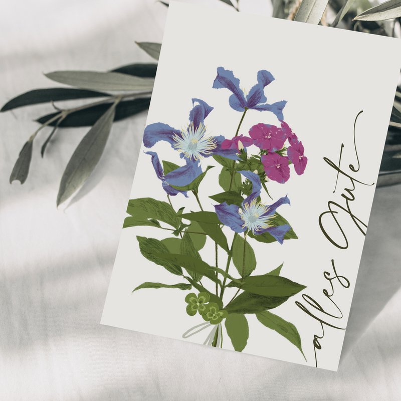 Postkort 'alt det bedste' med lilla blomster