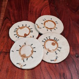 White papier-mache coasters with coffee stains, ants design, round shape, brown accents, set of four.