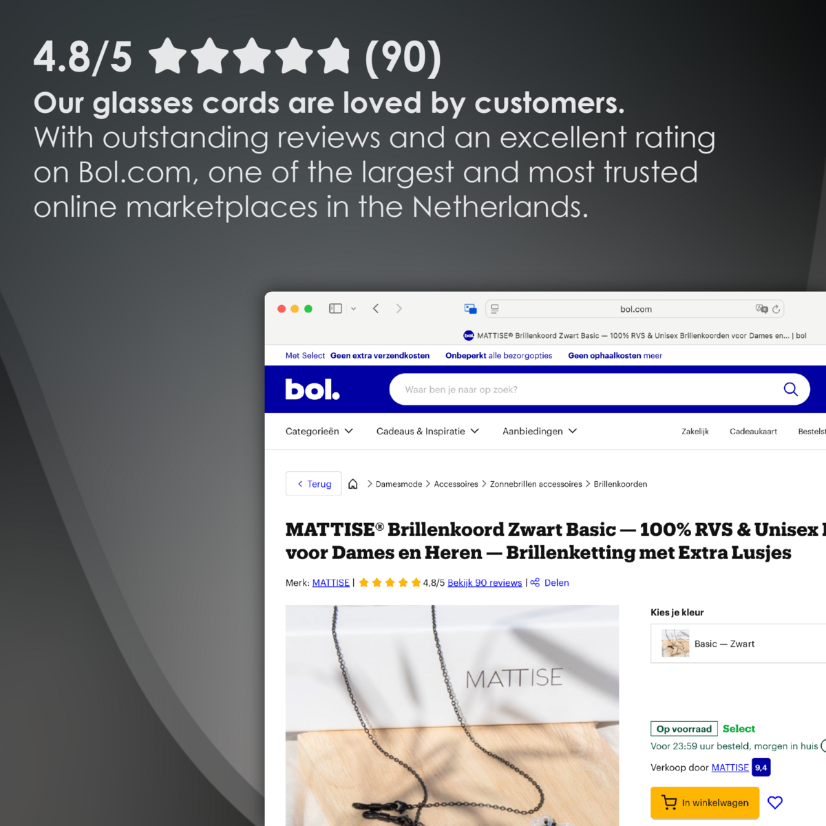 Glasses Cord Woven Black — 100% Stainless Steel & Unisex Eyewear Cords for Women and Men — Glasses Chain with Extra Loops — Brillenkoord Brillenband Brillenkette Cordon de Lunettes Cordón Para Gafas