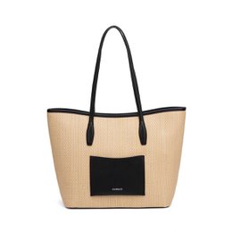 Woven straw tote bag with leather handles, front pocket, available in multiple colors including black, blue, brown, orange, red, silver.