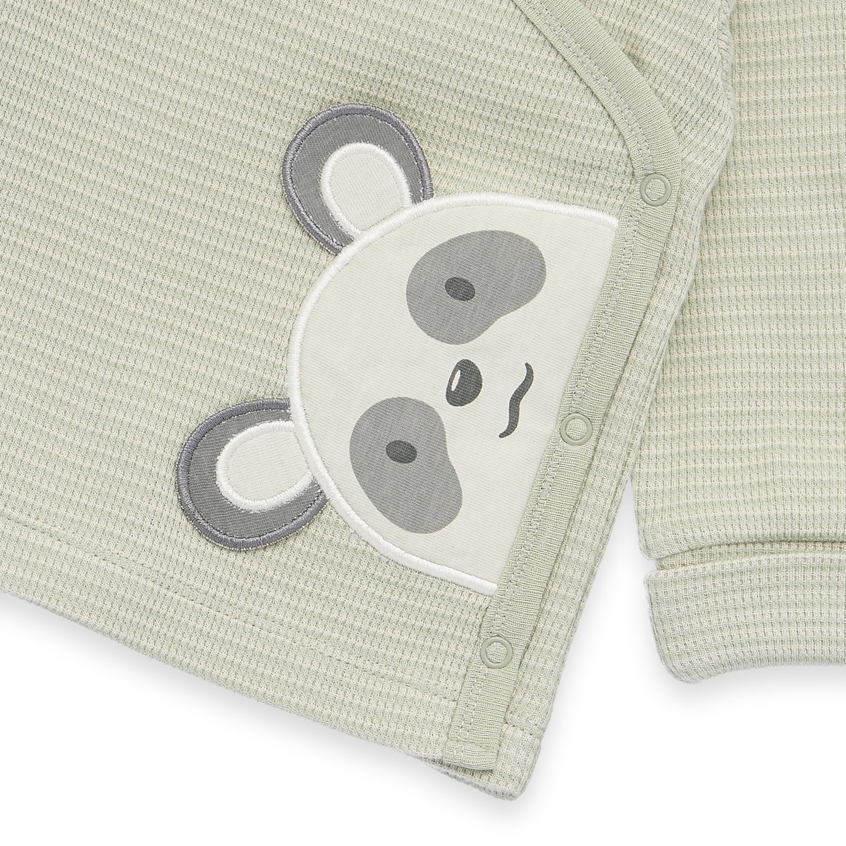 Baby wrap jacket - panda application, waffle structure - beige/green streaked