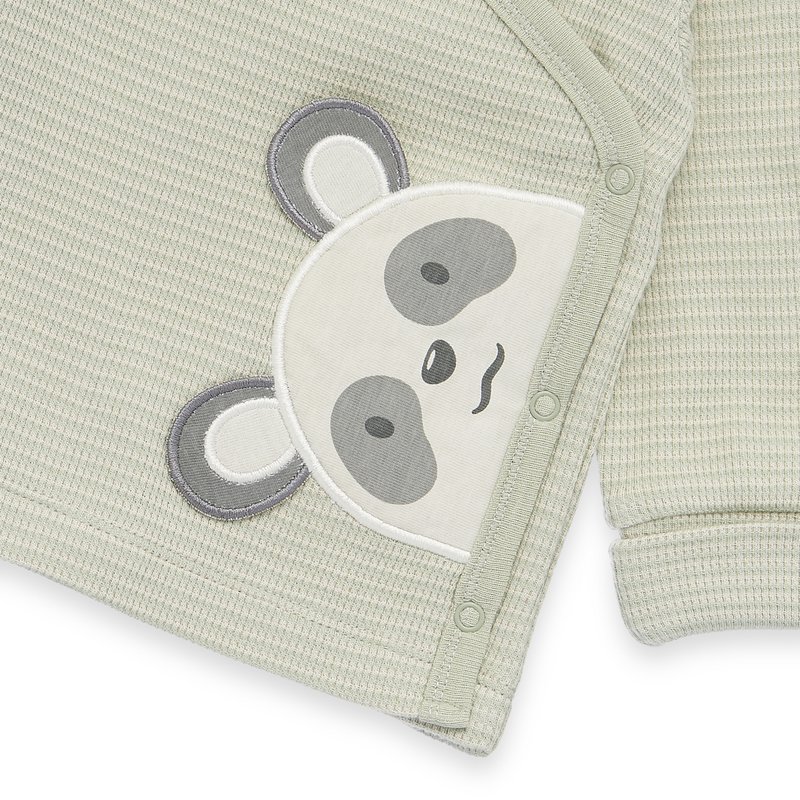 Baby wrap jacket - panda application, waffle structure - beige/green streaked