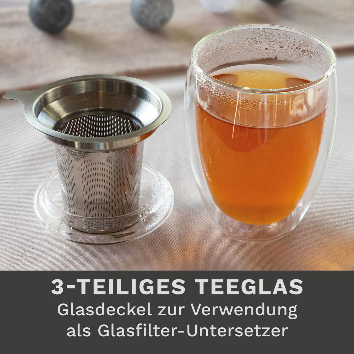 Creano Doppelwand-Teeglas mit Filter und Deckel 400ml
