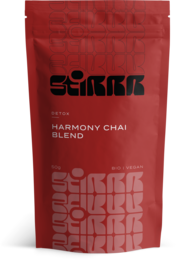 Organic Harmony Chai blend tea in a red package with the brand name "STIRRR" prominently displayed.