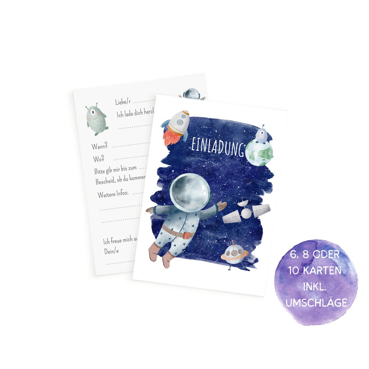 Zestaw kart z zaproszeniem astronautów do wypełnienia, w tym koperty na urodziny dzieci w kosmosie lub urodziny astronautów