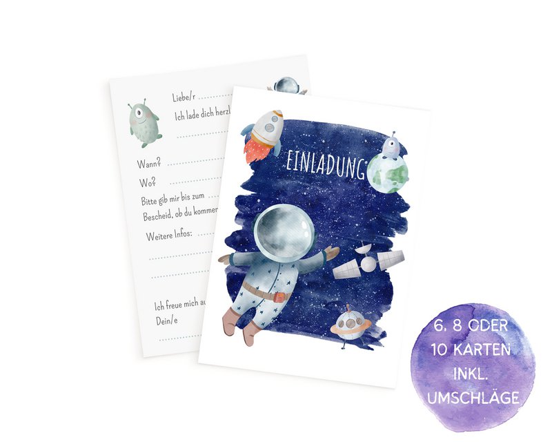 Set met uitnodigingskaarten voor astronauten om in te vullen, inclusief enveloppen voor verjaardagen van kinderen in de ruimte of verjaardagen van astronauten