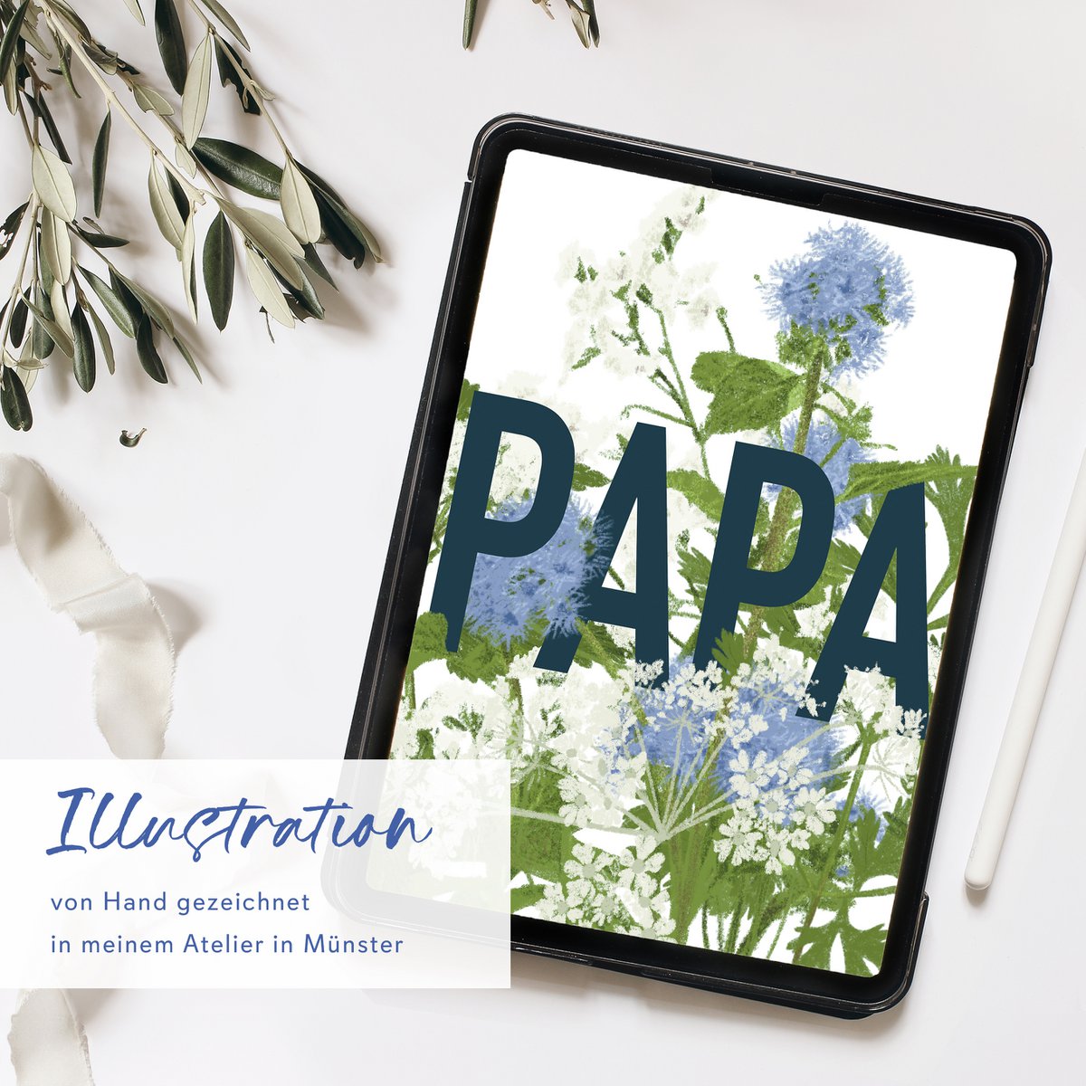 Father's Day card PAPA with blue and white flowers