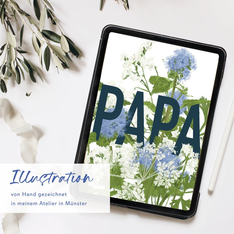 Father's Day card PAPA with blue and white flowers