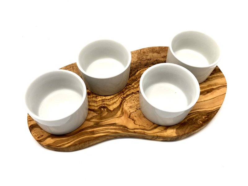 Serveerplank voor dipsauzen incl. 4 porseleinen schaaltjes