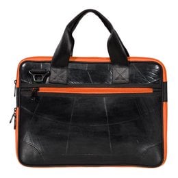 A black laptop bag with orange, blue, and turquoise zipper accents. The bag has a rectangular shape and appears to be made of a durable material, likely leather or a leather-like material. The bag has multiple compartments and pockets, suggesting it can hold various items in addition to a laptop.