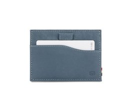 Sapphire blue leather card holder with ID window, compact and minimalist design, suitable for everyday use.