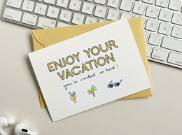 Vacation greeting card with text "Enjoy your vacation - you worked so hard" and icons of a palm tree, sun, and suitcase.