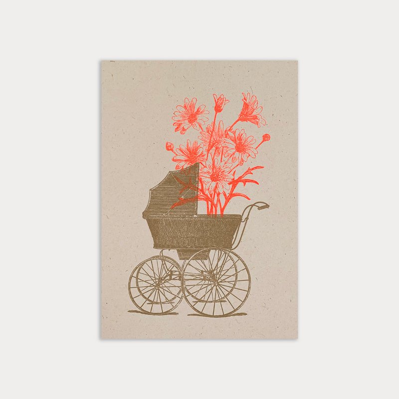 Ansichtkaart voor de geboorte / kinderwagen met bloemen / milieuvriendelijk papier