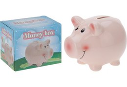  A pink ceramic piggy bank with a whimsical design, measuring approximately 11.5 x 9 x 9 cm. This piggy saver is a fun and practical way to encourage saving money.