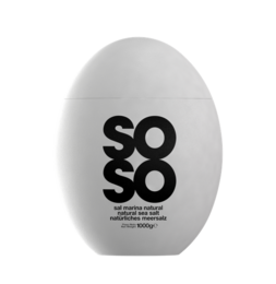 A white ceramic salt shaker with the text "SOSO" printed in black on the front.