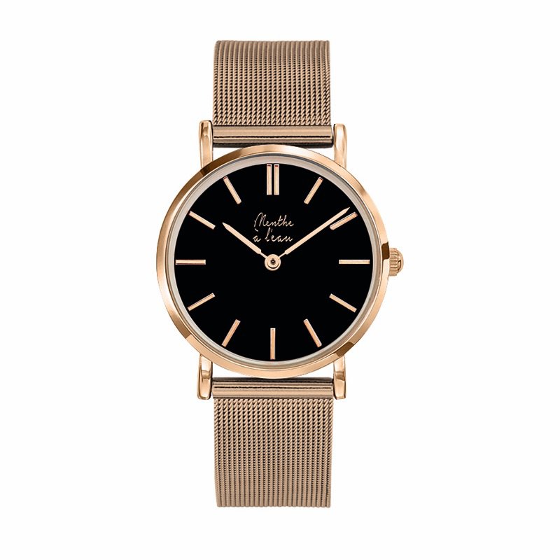 La Milanaise dameshorloge Roségouden mesh-armband zwarte achtergrond roségoud