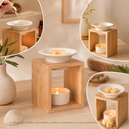 Parfümbrenner Naturea-Serie – Arina – Duftwachs-Schmelzbrenner – Diffusor für ätherische Öle und Raumdüfte – Aromatherapie-Kerzenhalter aus Bambus und Keramik