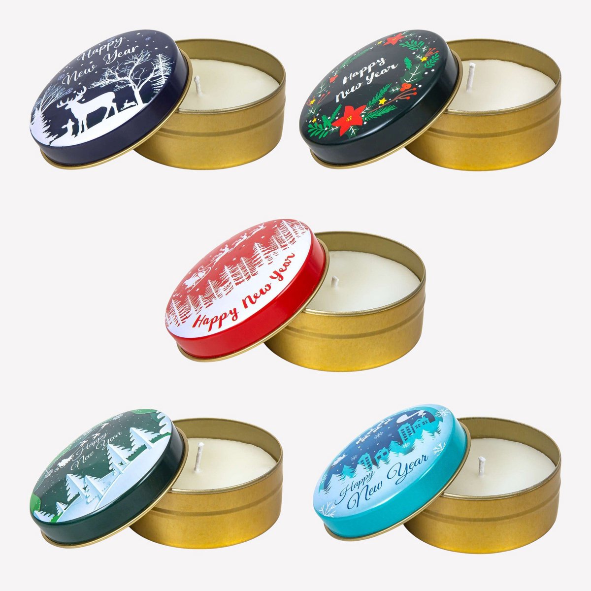 Duftkerze in Metalldese - 5er set - Feliz año nuevo