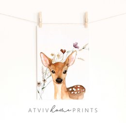 Poster di cervi, stampa di cervi, simpatica stampa di cervi, stampa della scuola materna degli animali del bosco, stampa della scuola materna floreale, stampa di fiori di campo, poster della scuola materna delle ragazze, poster della stanza delle rag...