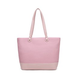 Pink and beige canvas shoulder tote bag with dual handles, spacious rectangular shape, casual style.