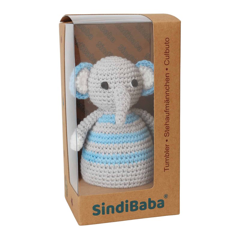 Crocheted stand-up figure elephant JUMBO in blue