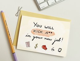 Colorful card with text "You will kick a** in your new job!" and various icons representing a new job, such as a briefcase, dollar sign, and coffee cup.