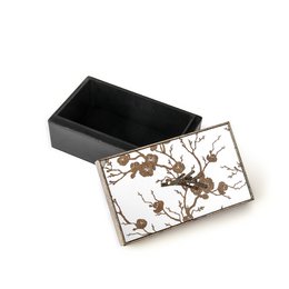Black rectangular jewelry box with metal handle, sakura floral design, 24x14x10 cm storage container.