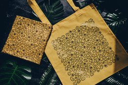 Cotton bag with popcorn pattern, eco-friendly, hand-printed, available in yellow, white, and gray.