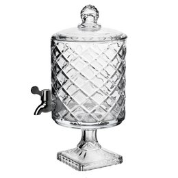 Clear glass beverage dispenser with diamond quilted pattern, pedestal base, tap spout, lid.