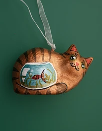  "Brown cat ornament with aquarium window, fish design, wooden sculptural souvenir, hanging decoration"