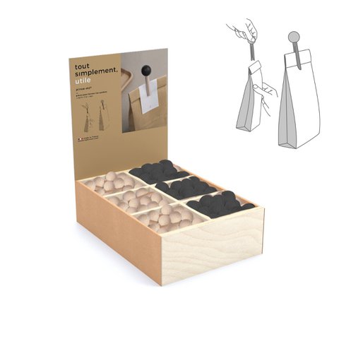 Display voller 180 Taschenclips aus Holz - natur und schwarz + kostenloses Display