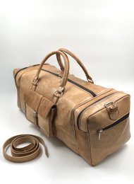 Borsa da viaggio grande in pelle marocchina fatta a mano - Borsone artigianale "Voyager" in marrone naturale organico