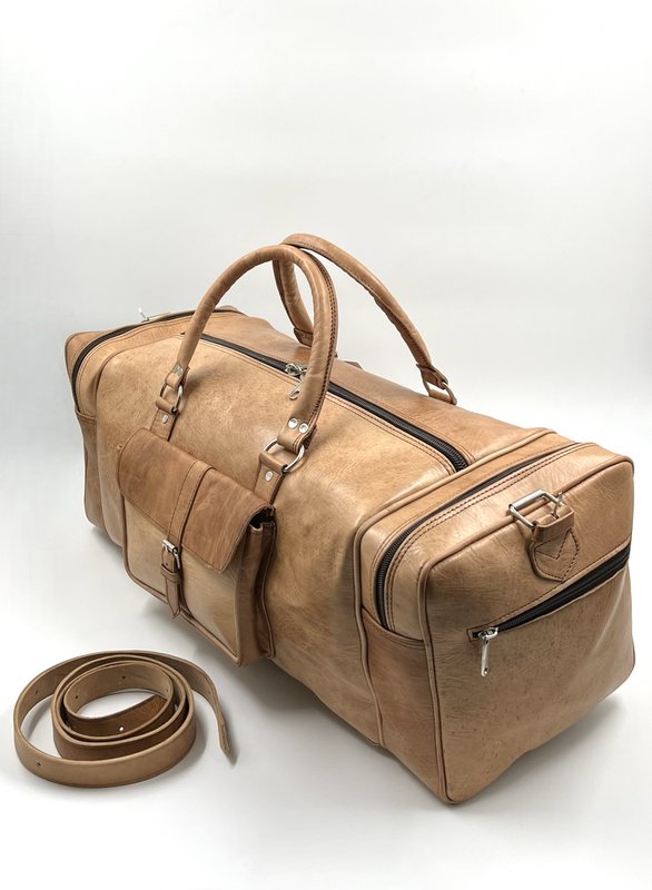Borsa da viaggio grande in pelle marocchina fatta a mano - Borsone artigianale "Voyager" in marrone naturale organico