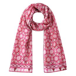 Large pink silk scarf with geometric floral print inspired by zellige tiles.