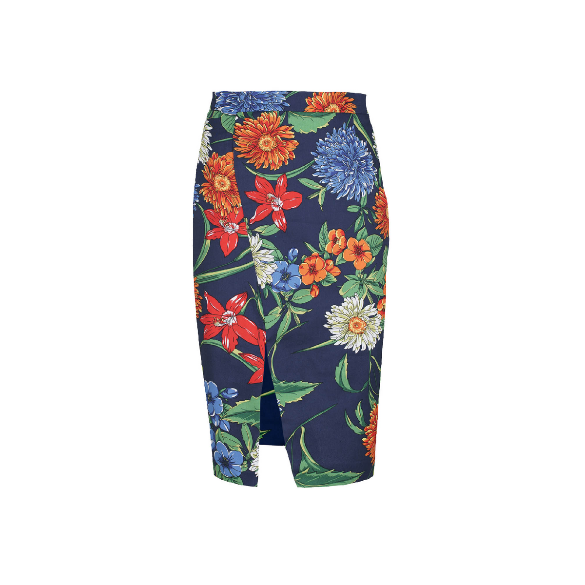 Falda lápiz de algodón floral en tonos rojos, azules y verdes