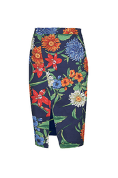  "Floral pencil skirt, colorful flowers, cotton, knee-length, red blue green, botanical print"