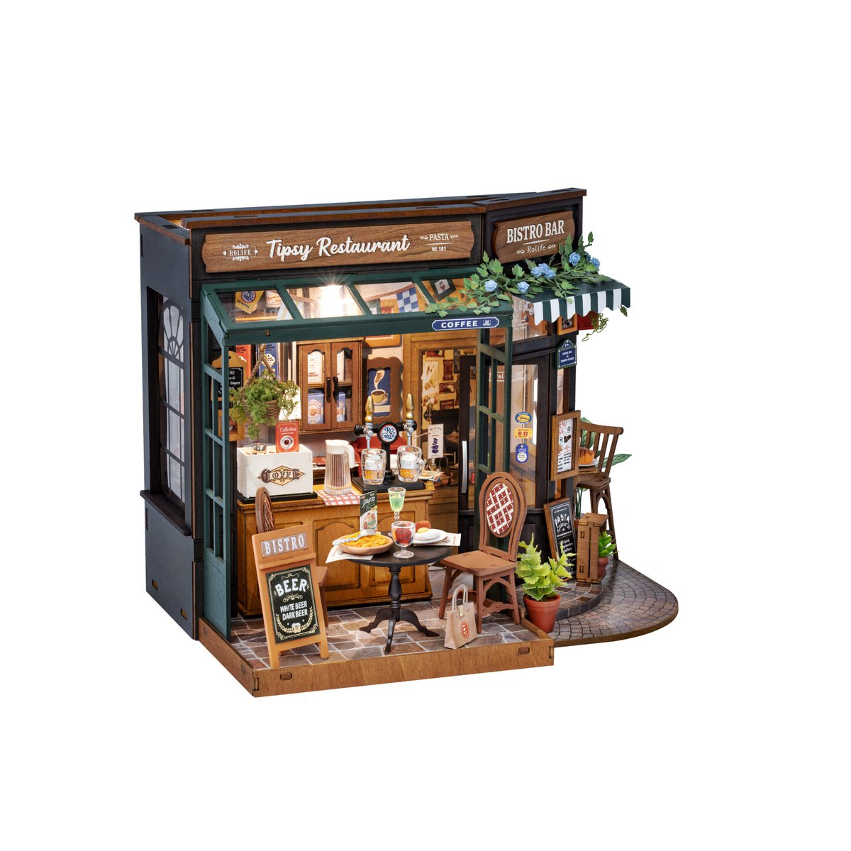Robotime, DIY Huisje, Tipsy Restaurant with LED lighting, DG167, 18x18x24cm