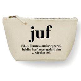 A natural canvas bag with the word "juf" printed on it, which means "teacher" in Dutch. The bag is suitable for use as a toiletry bag or small accessory.