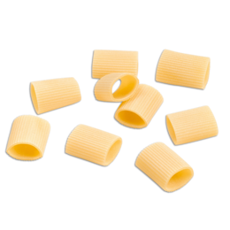 Paccheri rigati pasta in 500g pack. Cylindrical pasta shape with ridges. Beige color.
