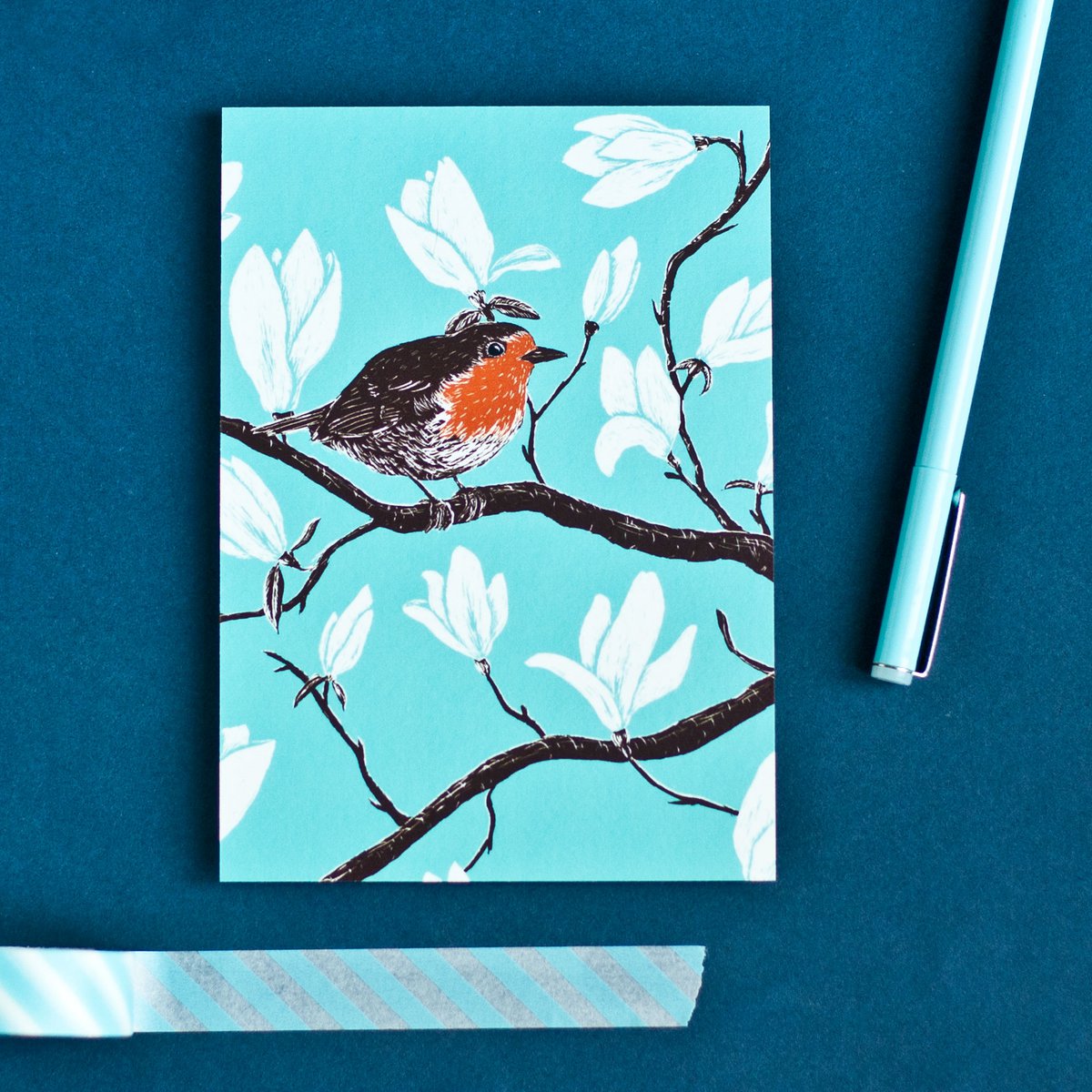 Postkarte Rotkehlchen & Magnolie, A6