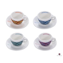FIAT, Zestaw 4 filiżanek do cappuccino Torino, spodki, filiżanki do Moka, kawa, herbata, ceramika, vintage niebieski, pomarańczowy, żółty, zielony, 70ml