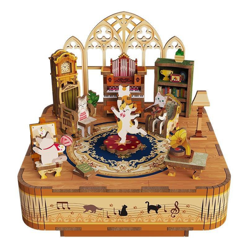 Tonecheer, Muziekdoosje, DIY 3D Houten Puzzel, Cat's Family, TQ065, 14x14x13,9cm
