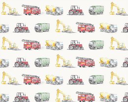 Ivory-colored children's wallpaper featuring various construction and transportation vehicles, including excavators, fire trucks, and tractors.