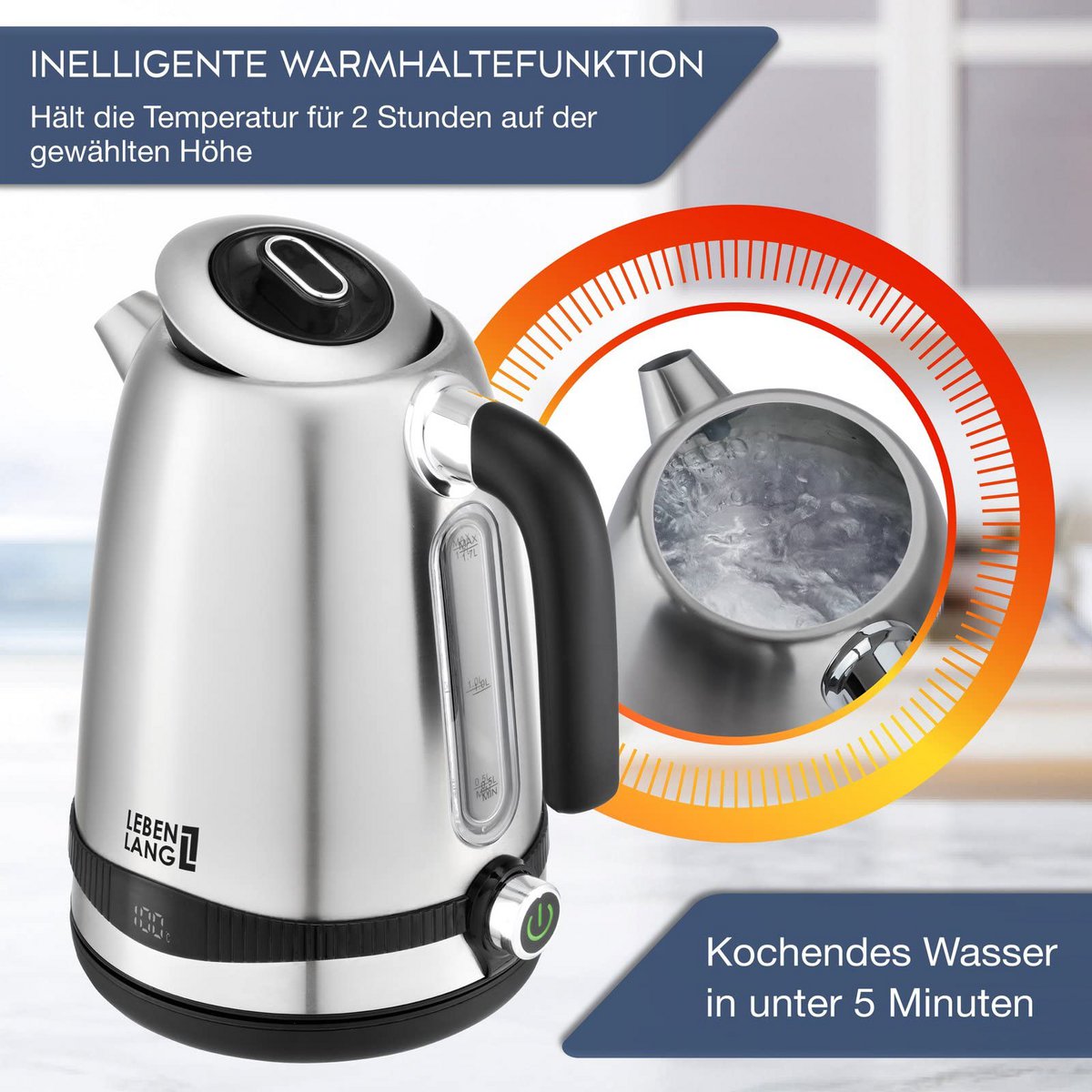 LIFETIME kedel rustfrit stål temperaturindstilling - støjsvag, temperaturvisning & hold varm funktion - 1,7 liter & 2200W | Elkedler | Temperaturkedel i rustfrit stål retro uden plast