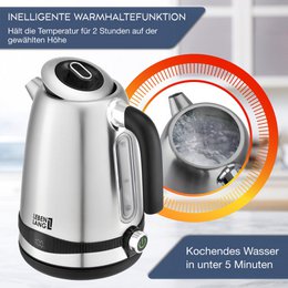 LIFETIME kedel rustfrit stål temperaturindstilling - støjsvag, temperaturvisning & hold varm funktion - 1,7 liter & 2200W | Elkedler | Temperaturkedel i rustfrit stål retro uden plast