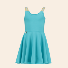 Turquoise blue sleeveless dress with a flared skirt and simple design.