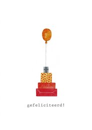 A colorful birthday card with a layered cake and a golden balloon. The text "Gefeliciteerd!" (Congratulations in Dutch) is written below the image.