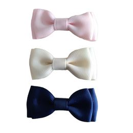 Set of 3 double bow barrettes in pink, white, and navy blue. Suitable for kids' hair accessories. Includes details on color, material, and style.