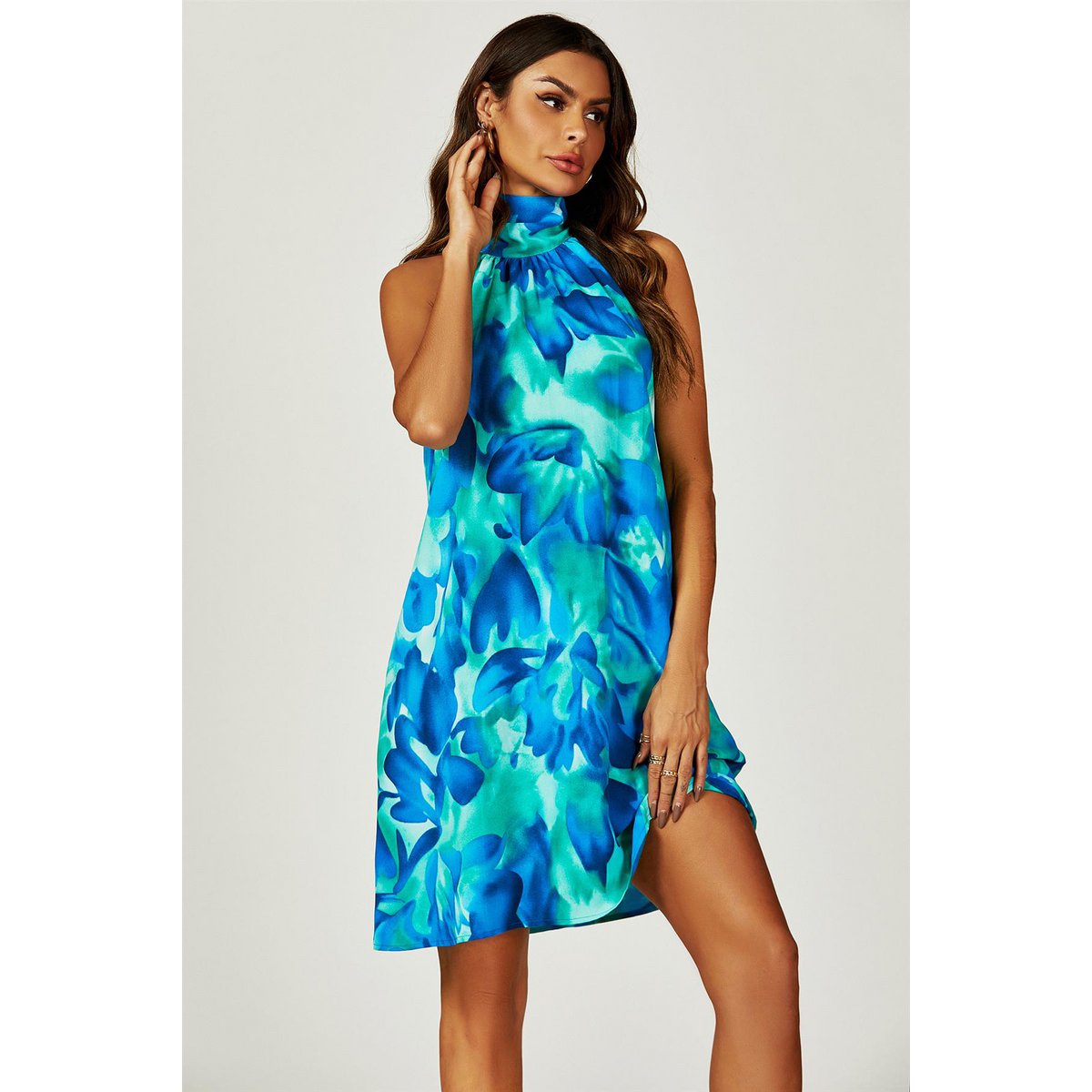 Abstract Floral Stampa Halter Neck Tie Back Mini abito in blu