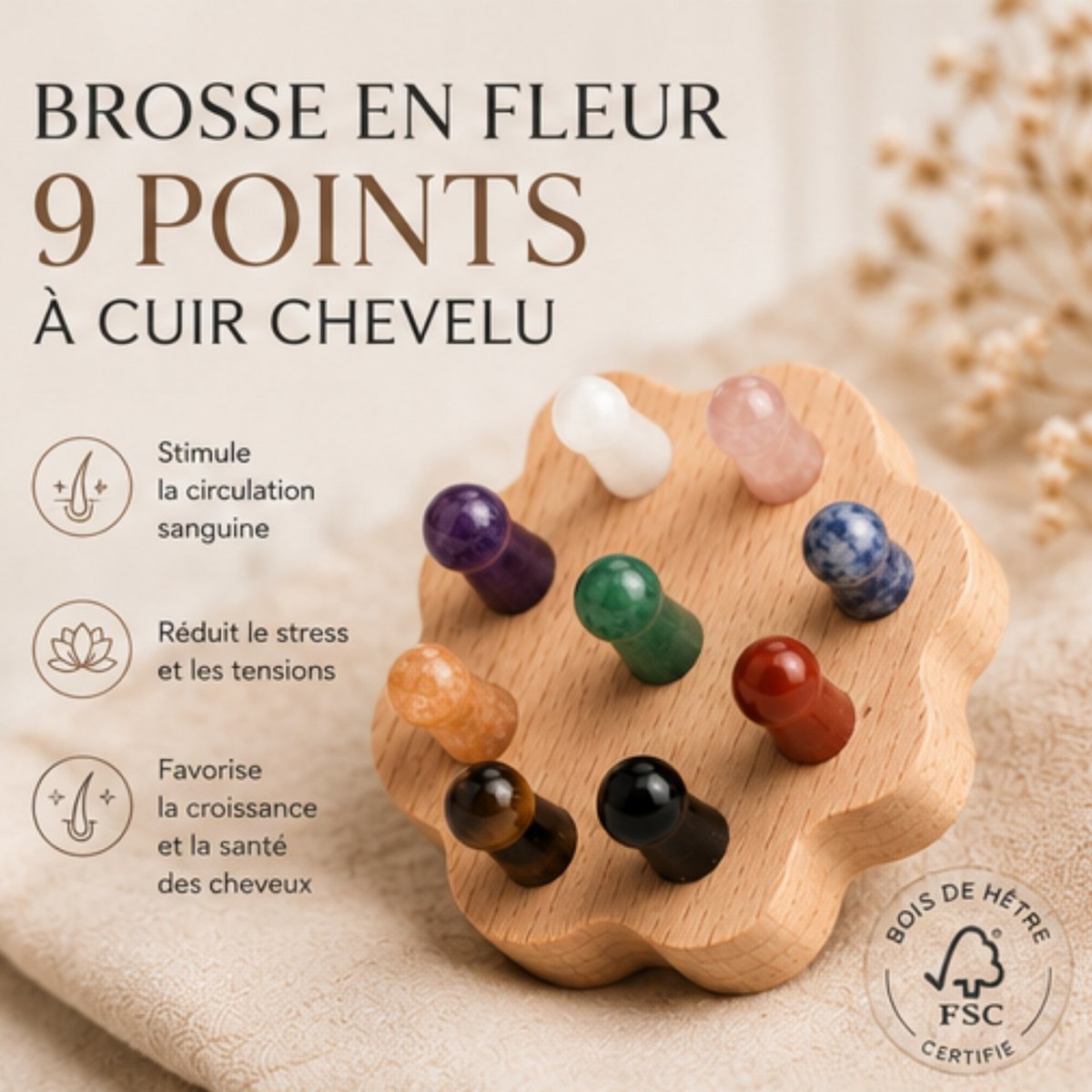 Flower Scalp Brush in FSC Beech Wood - 9 Natural Stone Massage Points - Stimulates Blood Circulation - Revitalizes Scalp - Natural Lithotherapy Hair Care